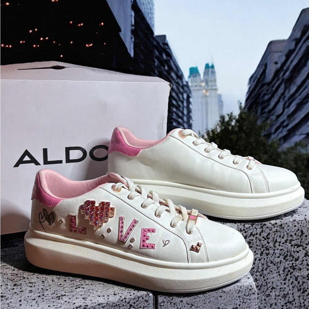 ALDO Women's White and Pink Digilove Sneakers - Size 10